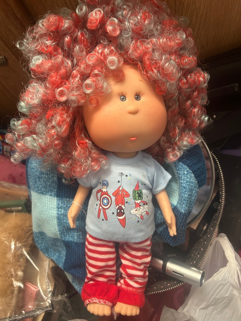 Red & White Curly-Haired Kids Doll 13 inch by Mia/Moi hand crafted